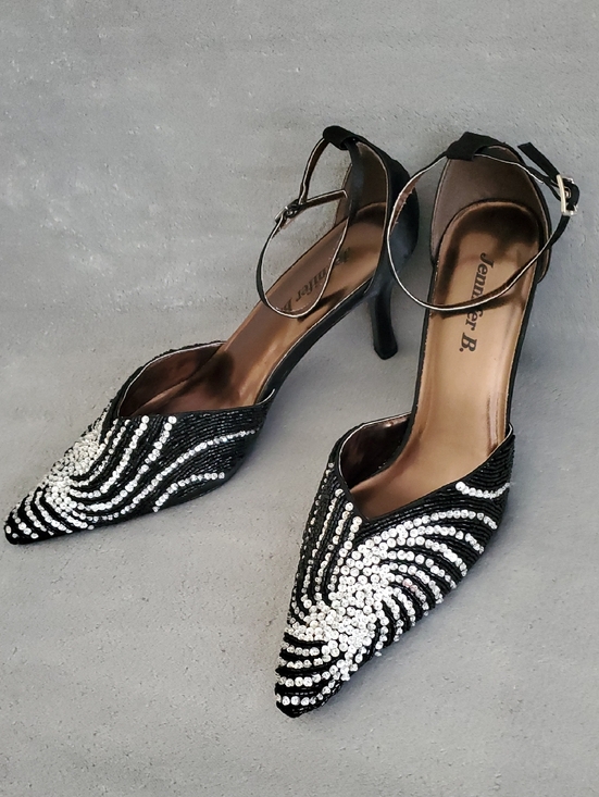 Jennifer B. Shoes - 🆕️ JENNIFER B. Black Beaded Rhinestone Pointed Toe Ankle Strap Heels SIZE: 11W